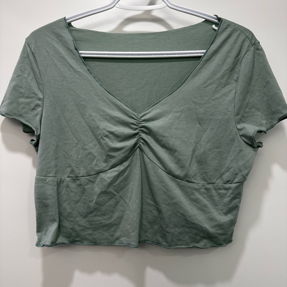 3pcs Lettuce Trim Ruched Solid V-neck Tee Crop Tops